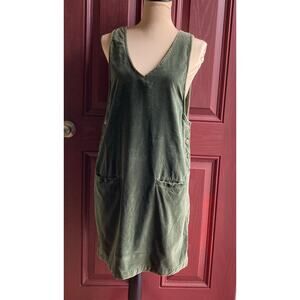 MTC. Velvet Jumper Pinafore Style Shift Dress M Olive Green  V-Neck Cotton Retro